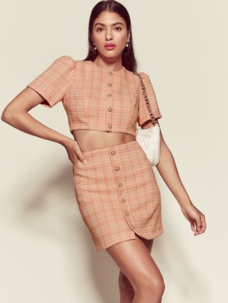 Reformation Nicky Two Piece in Pink Tweed – crop top and mini skirt co-ord – checked fashion sets – skirts and tops - flipped