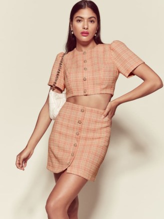 Reformation Nicky Two Piece in Pink Tweed – crop top and mini skirt co-ord – checked fashion sets – skirts and tops