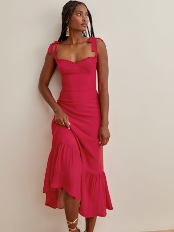 Nikita Dress in Rhubarb ~ pink tie shoulder strap dresses from The Reformation - flipped