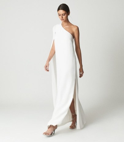 NINA REISS CAPE ONE SHOULDER MAXI DRESS WHITE ~ elegant evening event clothing ~ chic alternative wedding dresses ~ contemporary bridal gowns - flipped
