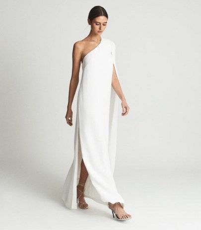 NINA REISS CAPE ONE SHOULDER MAXI DRESS WHITE ~ elegant evening event clothing ~ chic alternative wedding dresses ~ contemporary bridal gowns
