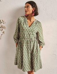 Boden Notch Neck Jersey Mini Dress in English Ivy Leaf Geo ~ green printed cotton relaxed fit dresses