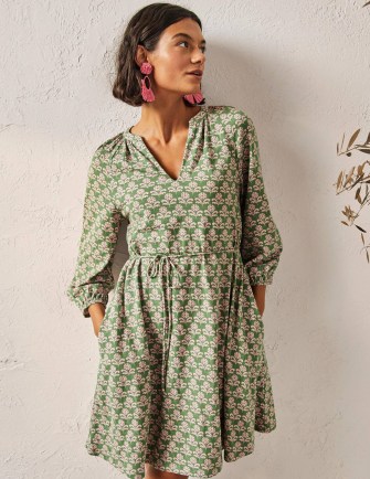 Boden Notch Neck Jersey Mini Dress in English Ivy Leaf Geo ~ green printed cotton relaxed fit dresses - flipped