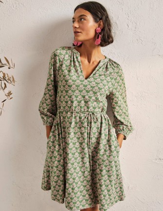 Boden Notch Neck Jersey Mini Dress in English Ivy Leaf Geo ~ green printed cotton relaxed fit dresses