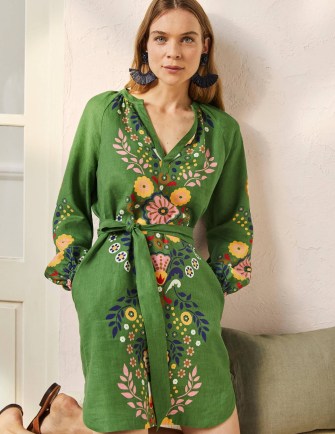 Boden Notch Neck Linen Mini Dress English Ivy Opulent Garden / green floral tie belt summer dresses - flipped