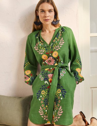 Boden Notch Neck Linen Mini Dress English Ivy Opulent Garden / green floral tie belt summer dresses