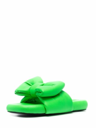 Off-White bow-detail slippers in green leather ~ womens bright sliders - flipped