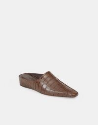 LAFAYETTE 148 OLLIE MULE IN ITALIAN CROC-EMBOSSED CALFSKIN | women’s brown crocodile effect slip on shoes | elegant square toe wedged heel mules