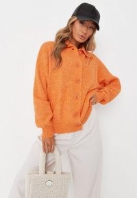 Missguided orange button front collared knit cardigan | womens bright coloured drop shoulder cardigans