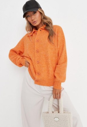 Missguided orange button front collared knit cardigan | womens bright coloured drop shoulder cardigans - flipped