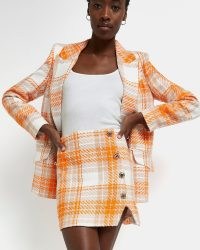 RIVER ISLAND ORANGE CHECK BOUCLE MINI SKIRT ~ checked tweed style button detail skirts