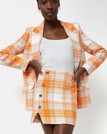 RIVER ISLAND ORANGE CHECK BOUCLE MINI SKIRT ~ checked tweed style button detail skirts - flipped