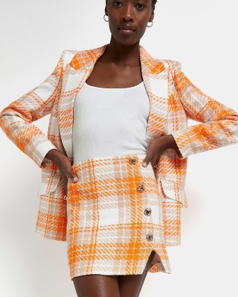 RIVER ISLAND ORANGE CHECK BOUCLE MINI SKIRT ~ checked tweed style button detail skirts