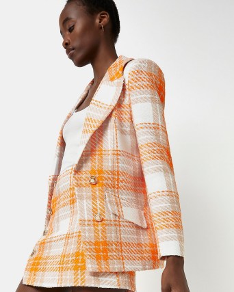 RIVER ISLAND ORANGE CHECK BOUCLE TAILORED BLAZER / womens checked tweed style blazers / women’s on-trend jackets - flipped
