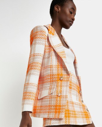 RIVER ISLAND ORANGE CHECK BOUCLE TAILORED BLAZER / womens checked tweed style blazers / women’s on-trend jackets