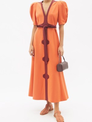 GABRIELA HEARST Onda puff-sleeve orange wool-blend dress / fashion with a ladylike sensibility / vintage style colour block dresses