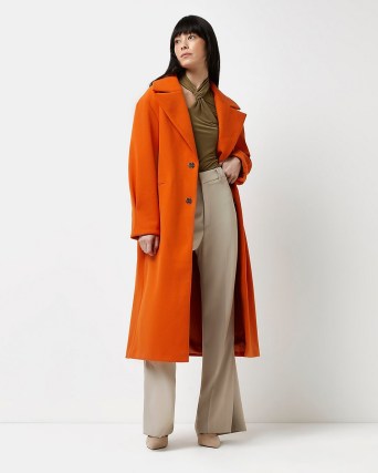 RIVER ISLAND ORANGE PLEATED DETAIL LONGLINE COAT / womens bright long length coats - flipped