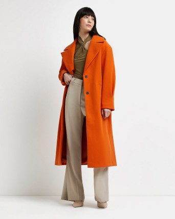 RIVER ISLAND ORANGE PLEATED DETAIL LONGLINE COAT / womens bright long length coats