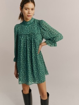 REFORMATION Ottilie Dress in Rosemarie ~ green floral high neck babydoll style dresses - flipped