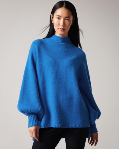 Ted Baker RRUUBY Oversized Funnel Neck Sweater in Bright Blue | balloon sleeve sweaters | womens volume sleeved high neck jumpers - flipped