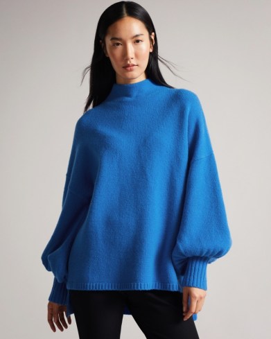 Ted Baker RRUUBY Oversized Funnel Neck Sweater in Bright Blue | balloon sleeve sweaters | womens volume sleeved high neck jumpers