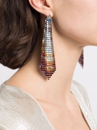Paco Rabanne metallic-effect drop earrings in silver-tone / multicolour – long glittering drops – evening statement jewellery - flipped