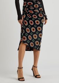 PACO RABANNE Printed stretch-velvet midi skirt – black asymmetric ruched detail skirts – retro floral print fashion