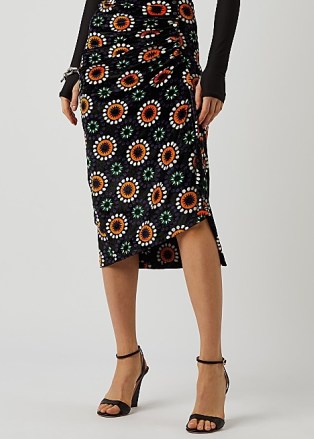PACO RABANNE Printed stretch-velvet midi skirt – black asymmetric ruched detail skirts – retro floral print fashion - flipped