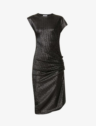 PACO RABANNE Ruched scoop-neck stretch-knit midi dress – fine knit metallic weave dresses – asymmetric fashion - flipped