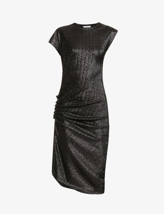 PACO RABANNE Ruched scoop-neck stretch-knit midi dress – fine knit metallic weave dresses – asymmetric fashion