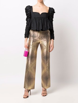 Paco Rabanne spot-print straight trousers in gold ~ womens luxe metallic evening fashion
