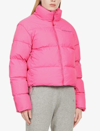 PANGAIA Reversible cropped shell jacket in flamingo pink – women’s brightly coloured outerwear – womens padded high funnel neck jackets
