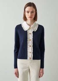 L.K. Bennett PARIS NAVY KNIT AND CREAM BLOUSE CARDIGAN | womens dark blue ruffle detail cardigans | chic French style knits