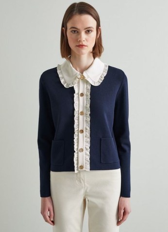 L.K. Bennett PARIS NAVY KNIT AND CREAM BLOUSE CARDIGAN | womens dark blue ruffle detail cardigans | chic French style knits - flipped