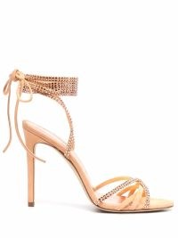 Paris Texas studded stiletto sandals in peach orange – strappy stud covered ankle tie high heel stilettos