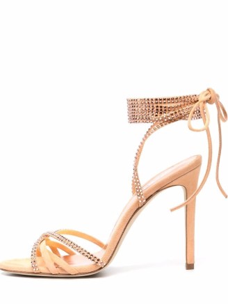 Paris Texas studded stiletto sandals in peach orange – strappy stud covered ankle tie high heel stilettos - flipped