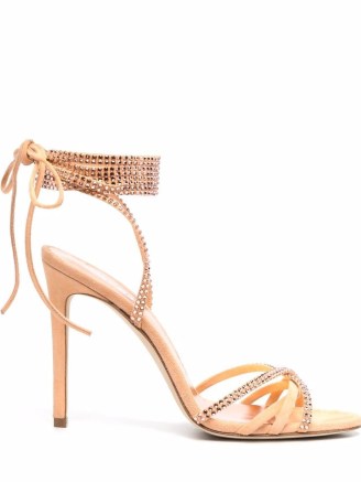 Paris Texas studded stiletto sandals in peach orange – strappy stud covered ankle tie high heel stilettos