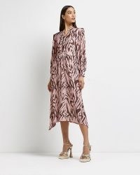 RIVER ISLAND PINK ABSTRACT PRINT TIE NECK MIDI DRESS ~ women’s printed asymmetric hem dresses