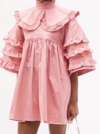KIKA VARGAS Dorothea pink ruffled cotton-blend dress ~ romance inspired fashion ~ romantic ruffle trim high neck mini dresses