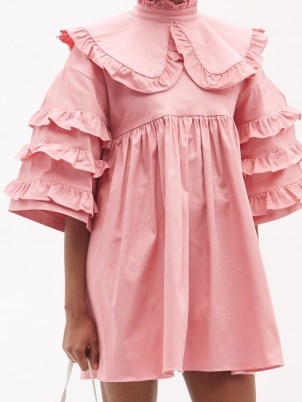 KIKA VARGAS Dorothea pink ruffled cotton-blend dress ~ romance inspired fashion ~ romantic ruffle trim high neck mini dresses - flipped