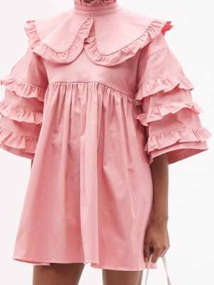 KIKA VARGAS Dorothea pink ruffled cotton-blend dress ~ romance inspired fashion ~ romantic ruffle trim high neck mini dresses