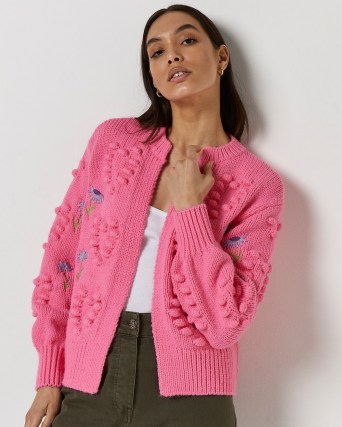 RIVER ISLAND PINK EMBROIDERED CHUNKY KNIT CARDIGAN ~ floral cardigans - flipped