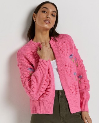 RIVER ISLAND PINK EMBROIDERED CHUNKY KNIT CARDIGAN ~ floral cardigans