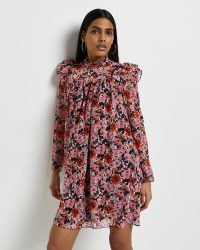 RIVER ISLAND PINK FLORAL HIGH NECK MINI DRESS / romantic style ruffle trimmed dresses / womens vintage look fashion