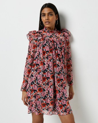 RIVER ISLAND PINK FLORAL HIGH NECK MINI DRESS / romantic style ruffle trimmed dresses / womens vintage look fashion - flipped