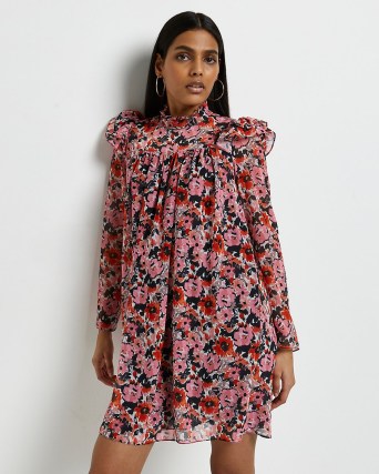 RIVER ISLAND PINK FLORAL HIGH NECK MINI DRESS / romantic style ruffle trimmed dresses / womens vintage look fashion