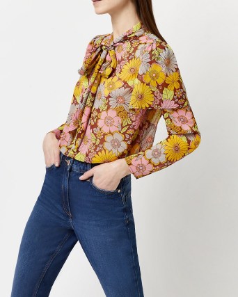 RIVER ISLAND PINK FLORAL TIE NECK CHIFFON BLOUSE / women’s retro print blouses / 70s style vintage fashion - flipped