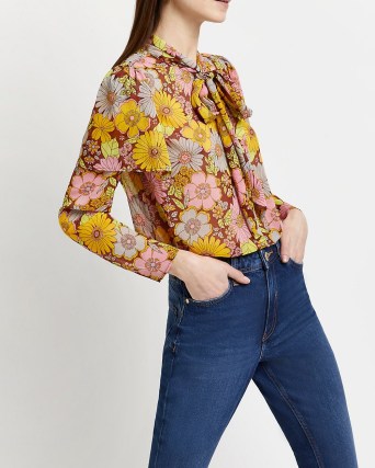 RIVER ISLAND PINK FLORAL TIE NECK CHIFFON BLOUSE / women’s retro print blouses / 70s style vintage fashion