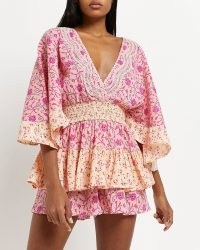 RIVER ISLAND PINK MIXED FLORAL PLAYSUIT ~ womens layered wide sleeve cotton playsuits