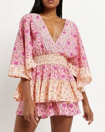 RIVER ISLAND PINK MIXED FLORAL PLAYSUIT ~ womens layered wide sleeve cotton playsuits
